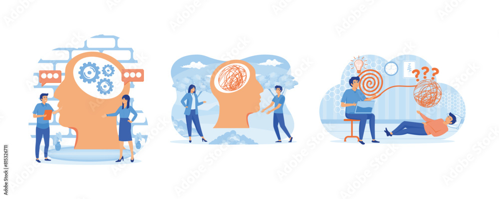 Psychology, psychotherapy and psychiatry counseling concept. Psychotherapy practice. Psychotherapy, unraveling complex situations. Set flat vector modern illustration