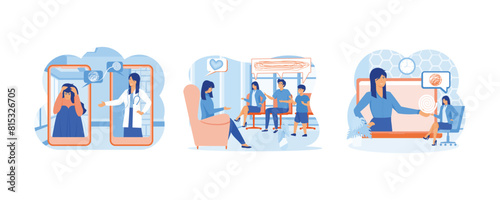 Psychological counseling concept. Family psychologist speaking with couple , family psychiatry concept. Psychologist online. Set flat vector modern illustration