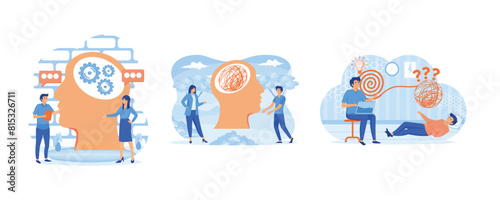 Psychology, psychotherapy and psychiatry counseling concept. Psychotherapy practice. Psychotherapy, unraveling complex situations. Set flat vector modern illustration