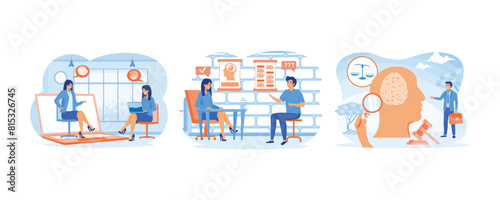 Online psychological. Male character at psychotherapist appointment. Forensic psychology as interrogation person concept. Set flat vector modern illustration