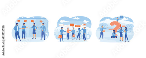 Discussion, team communication conversation. Business team coworker discussing work in meeting with speech bubbles. Men and women asking questions. Set flat vector modern illustration