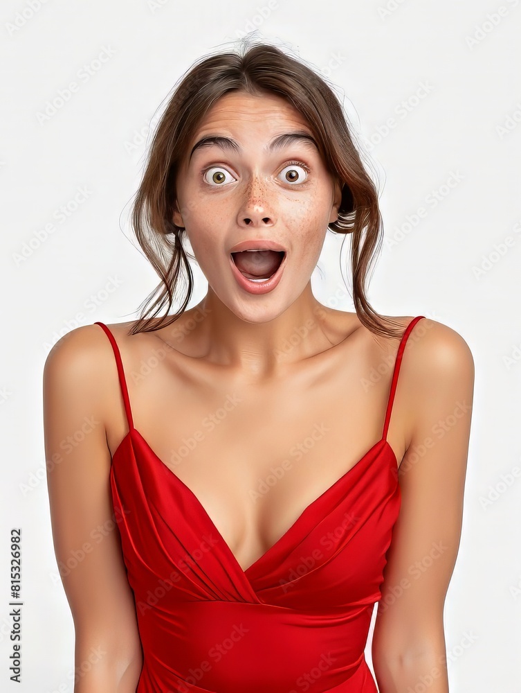 Surprises Woman in Red Dress Isolated on white Surprises Woman in Red Dress Isolated on white