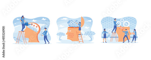 Mental Health Due To Psychology. Mental health care treatment concept. Specialist doctor work to give psychology therapy. Set flat vector modern illustration