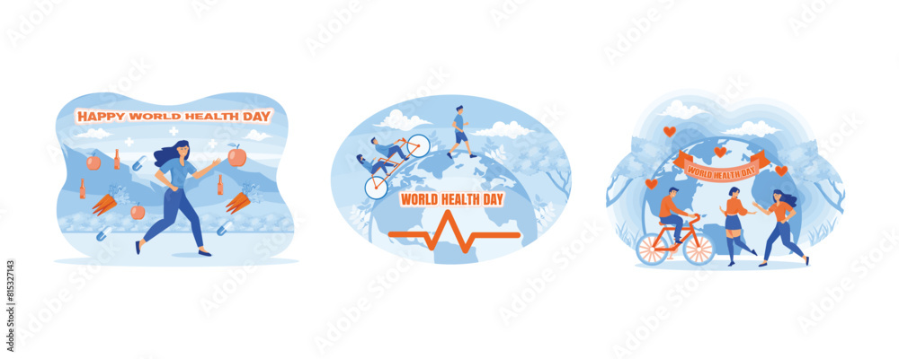 World health day with running girl. Woman doing Healthy lifestyle for world health day concept. World Health Day concept with people exercising healthy lifestyle. Set flat vector modern illustration World health day with running girl. Woman doing Healthy lifestyle for world health day concept. World Health Day concept with people exercising healthy lifestyle. Set flat vector modern illustration