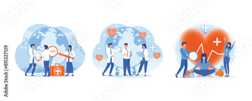 Doctors check the health world globe with a stethoscope. Doctors and medical workers are celebrating Health Day. World Health Day concept. Set flat vector modern illustration