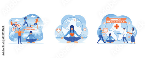 World Health Day 7 April. Women celebrate World Health Day with yoga. Healthcare and life insurance concept. Set flat vector modern illustration