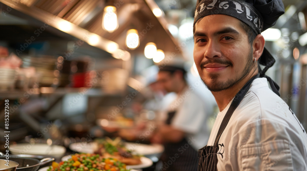 A confident male chef smiling at the camera while preparing food in a busy commercial kitchen with his team. A confident male chef smiling at the camera while preparing food in a busy commercial kitchen with his team.