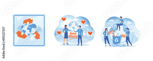 Earth Day Celebration. Woman and man hugging Earth. Clean planet garbage recycling and saving the planet concept. Set flat vector modern illustration