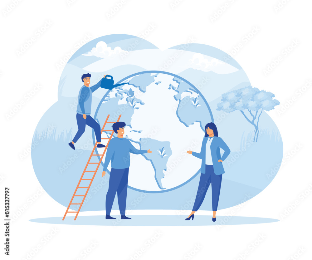 Earth Day Man Save Green Planet Environment. People of World Water Plant for Ecology Celebration Preparation in April. flat vector modern illustration Earth Day Man Save Green Planet Environment. People of World Water Plant for Ecology Celebration Preparation in April. flat vector modern illustration