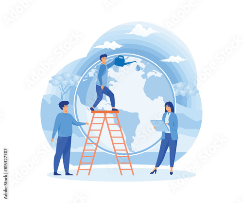 Little men prepare for the day of the Earth, save the planet, save energy, the concept of the Earth day. flat vector modern illustration