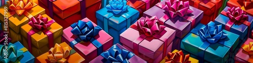 A painting featuring a multitude of colorful gift boxes in high fidelity detail, banner © keystoker