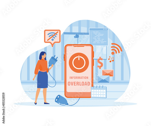 Information detox. Information overload. Tiny girl protecting themselves from flow of information and news turning off smartphone. flat vector modern illustration