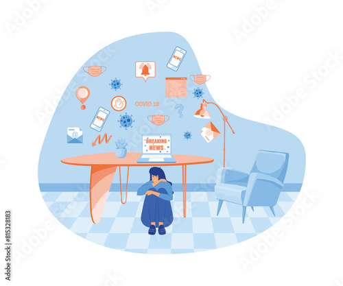 Coronavirus information overload, girl hiding under table. flat vector modern illustration