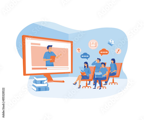 Webinar and online education courses, the teacher teaches a group of students online. flat vector modern illustration