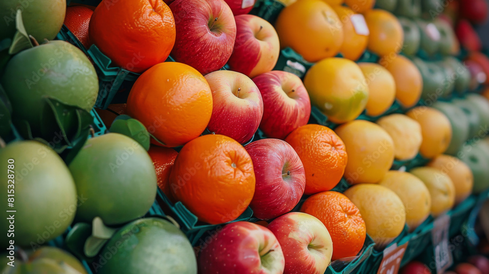 Assorted fresh fruits including apples, oranges, and lemons neatly displayed in market baskets. Assorted fresh fruits including apples, oranges, and lemons neatly displayed in market baskets.