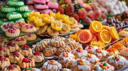 Experience the vibrant essence of the Corpus Christi celebrations through an array of delicious treats like cookies and colorful marzipan fruits photo