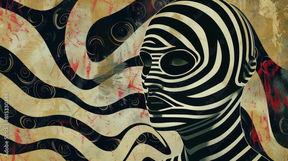 Obraz premium Black and white striped head on a beige background with red and black accents.