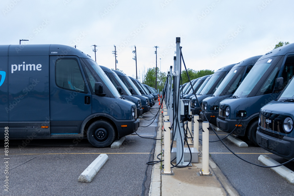Hebron, Kentucky, USA 02.02.2024 Electric delivery vans lined up at