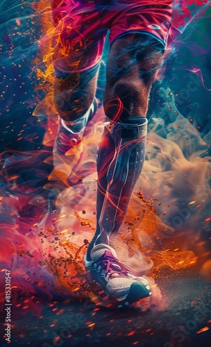 Colorful energetic legs of a soccer player running fast on the field.