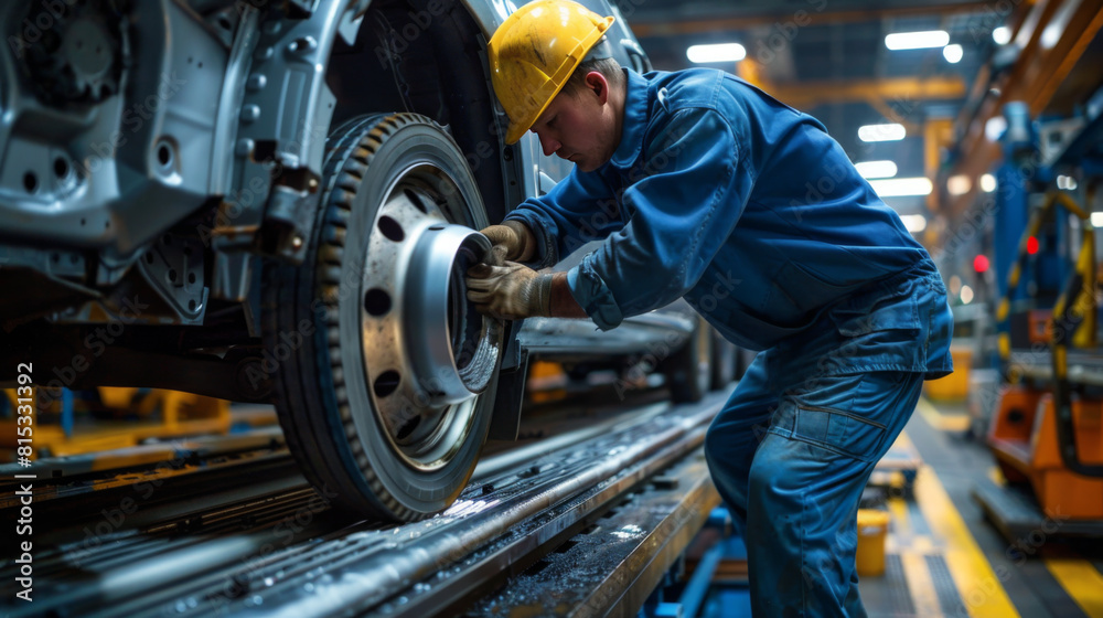 Skilled mechanic in blue overalls working meticulously on the wheel assembly of a large train. Skilled mechanic in blue overalls working meticulously on the wheel assembly of a large train.