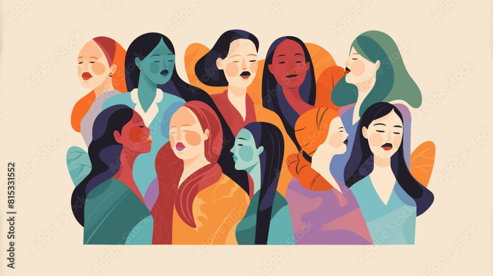 Flat illustration of a diverse group of women with different colors and hair. Afro-American, Asian, Latin American group. Ethnic diversity, leadership in women. Flat illustration of a diverse group of women with different colors and hair. Afro-American, Asian, Latin American group. Ethnic diversity, leadership in women.