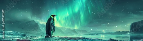 Playful penguin under the Northern Lights flat design side view playful interaction theme watercolor colored pastel