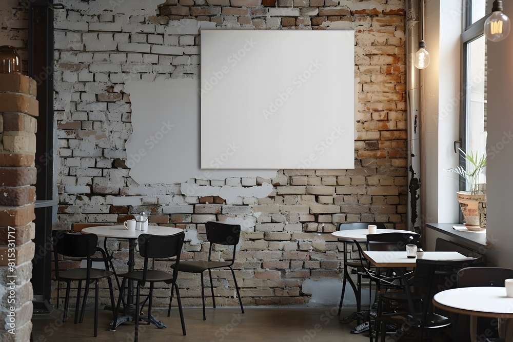 Sleek modern white display board showcased in trendy cafe interior with exposed brick walls industrial chic accents and diffused lighting creating an Sleek modern white display board showcased in trendy cafe interior with exposed brick walls industrial chic accents and diffused lighting creating an
