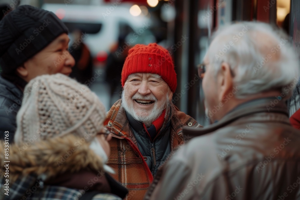 Senior man in red hat and scarf on the street of the city.