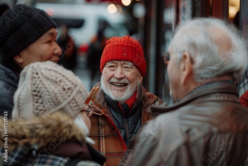 Senior man in red hat and scarf on the street of the city.