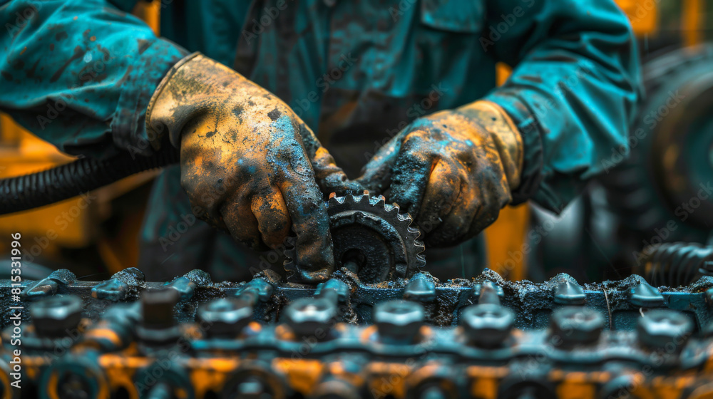 An industrial worker's hands engaged in the precise assembly of heavy machine parts, covered in grime and oil. An industrial worker's hands engaged in the precise assembly of heavy machine parts, covered in grime and oil.