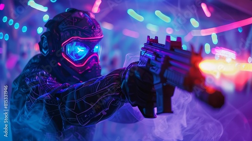 The image shows a person in a protective suit and helmet playing laser tag in an arena with colorful lights.
