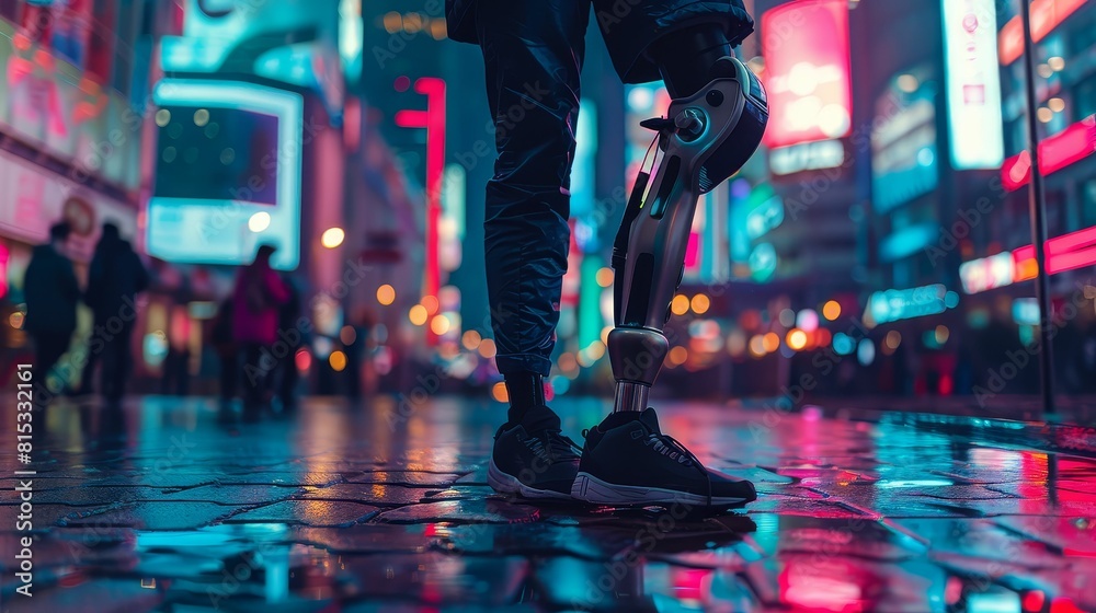 Fototapeta premium The image shows a person with a prosthetic leg walking down a city street at night