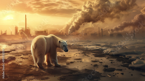 polar bear in darkness landscape of chimneys emitting smoke into the sky poisonous gases hydrogen sulfide and climate change in view of carbon dioxide photo
