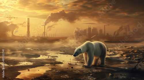polar bear in darkness landscape of chimneys emitting smoke into the sky poisonous gases hydrogen sulfide air pollution
