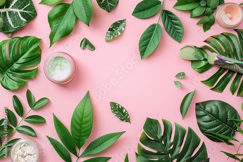 Natural cosmetics and green leaves on pink background top view flat lay. Natural organic skincare bio research and healthy lifestyle concept photo