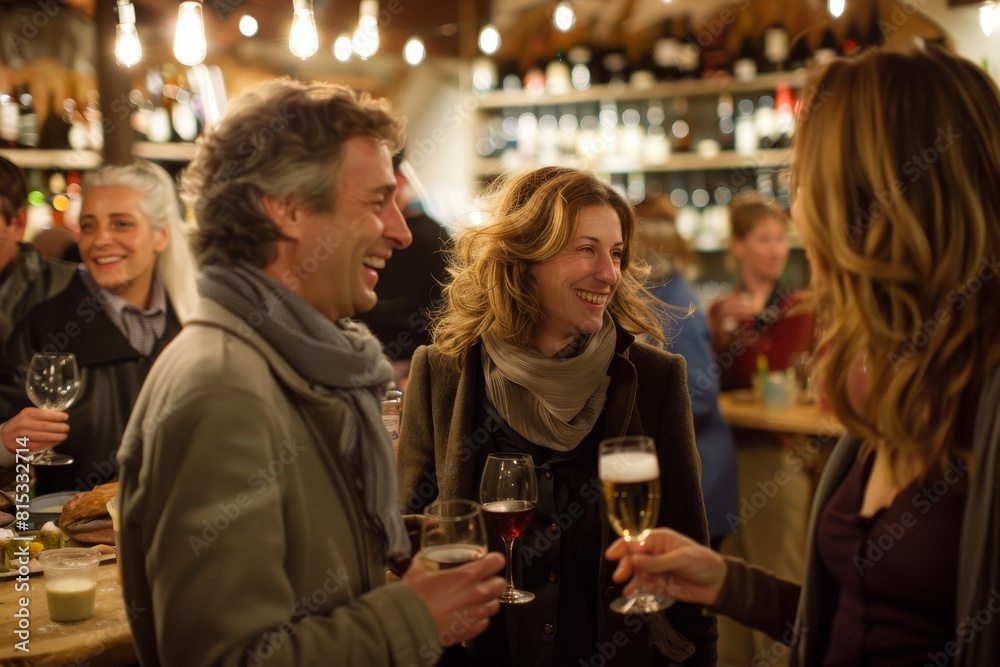 Group of friends having fun in a pub, clinking glasses of wine Group of friends having fun in a pub, clinking glasses of wine