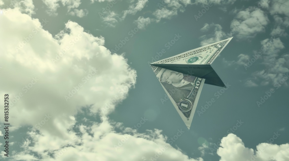Fototapeta premium Paper Airplane Made from a Dollar Bill Flying Through the Air, Representing the Fleeting Nature of Money and the Pursuit of Financial Freedom and Wealth