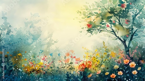 Soft watercolor portrayal of a sundrenched spring garden  alive with blossoming flowers and newborn leaves on trees