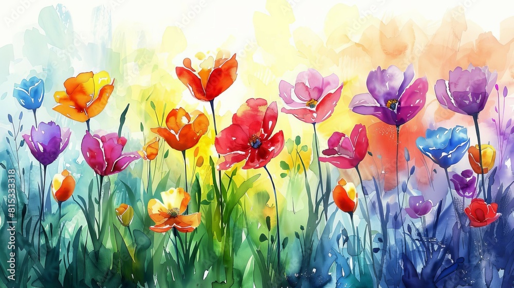 Soft watercolor scene of spring flowers in full bloom, painting a rainbow of colors across a sunny field Soft watercolor scene of spring flowers in full bloom, painting a rainbow of colors across a sunny field