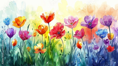 Soft watercolor scene of spring flowers in full bloom  painting a rainbow of colors across a sunny field