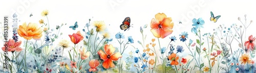 Whimsical watercolor illustration of a secret garden filled with fragrant spring flowers and butterflies