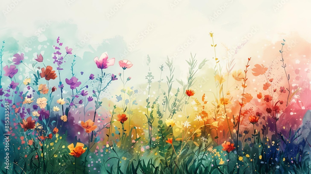 Soft watercolor scene of spring flowers in full bloom, painting a rainbow of colors across a sunny field Soft watercolor scene of spring flowers in full bloom, painting a rainbow of colors across a sunny field