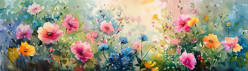 Lush watercolor garden brimming with vivid spring flowers, blooming under a soft morning light