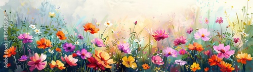 Lush watercolor garden brimming with vivid spring flowers  blooming under a soft morning light