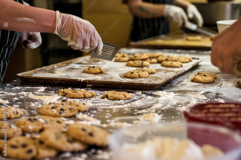 Baking cookies together in the kitchen, with flour-covered countertops and the sweet aroma of freshly baked treats filling the air, Generative AI Baking cookies together in the kitchen, with flour-covered countertops and the sweet aroma of freshly baked treats filling the air, Generative AI