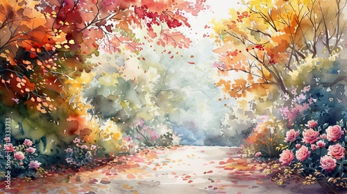 Artistic watercolor of a vibrant autumn garden path, lined with flowers and freshly fallen leaves