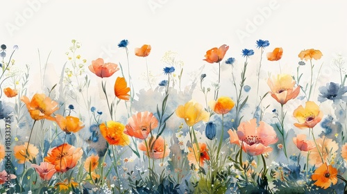 Artistic watercolor illustration capturing the essence of a summer meadow, alive with flowers and native plants