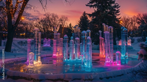 the ice sculptures illuminated with colorful lights at night, creating a magical winter wonderland