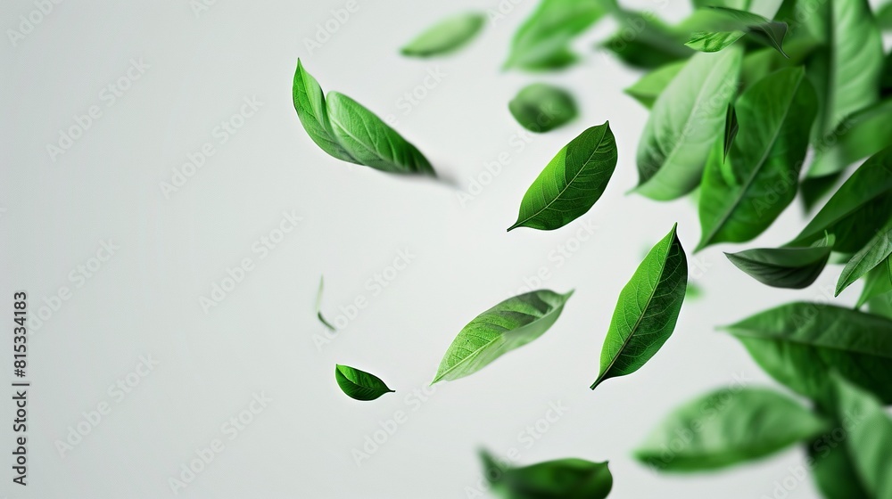 Green leaves flying on a white background under studio lighting. Green plant leaves flying for product mockup. Green leaves flying on a white background under studio lighting. Green plant leaves flying for product mockup.