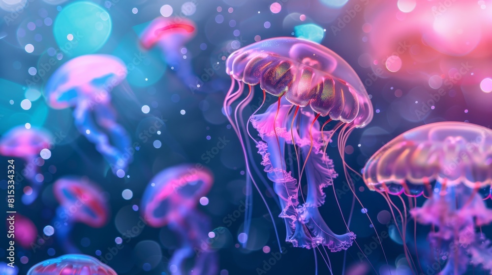 Naklejka premium Glowing jellyfish with luminous bubbles against the ocean.